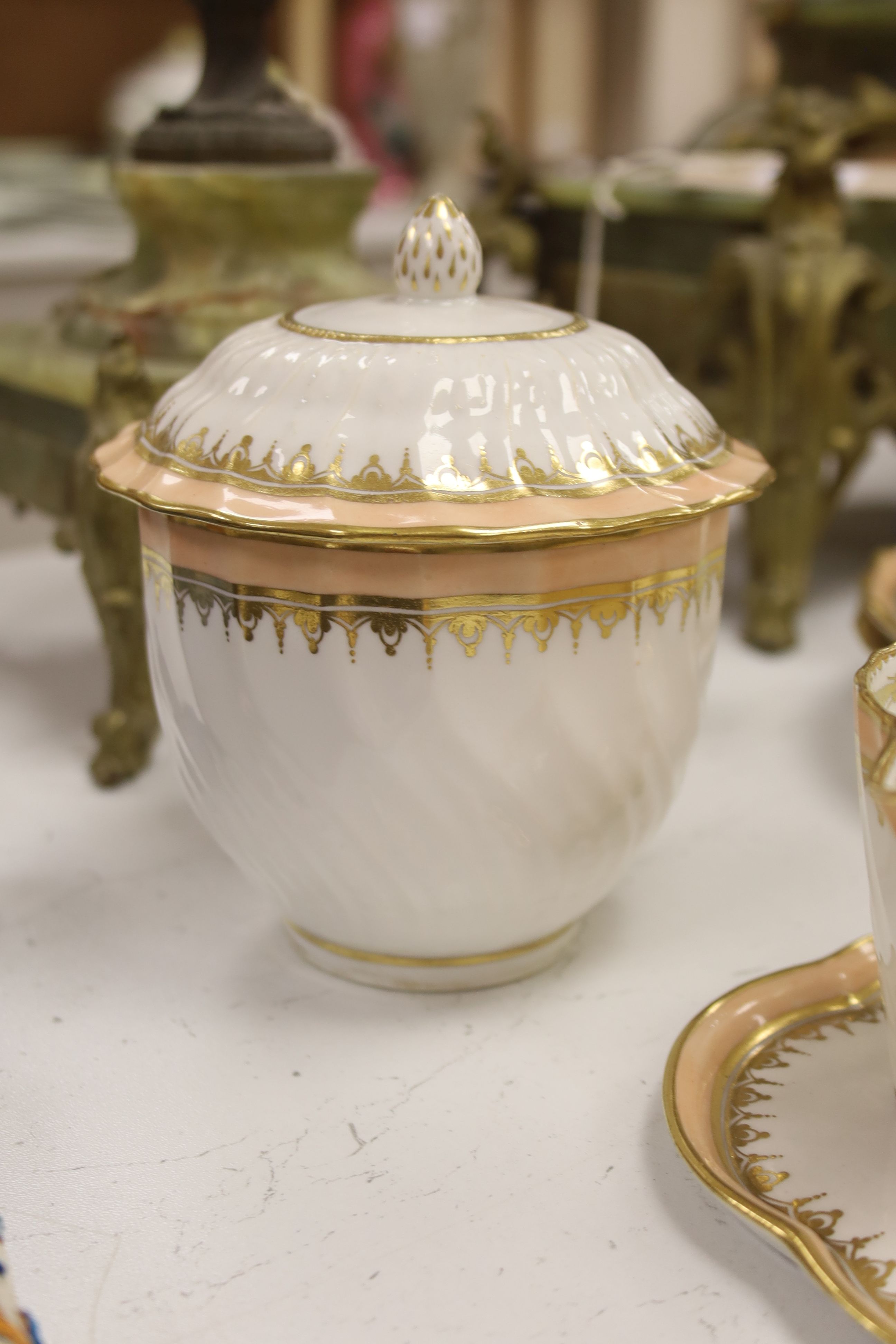 A Derby part tea and coffee set, c.1795, puce marks, pattern number 84